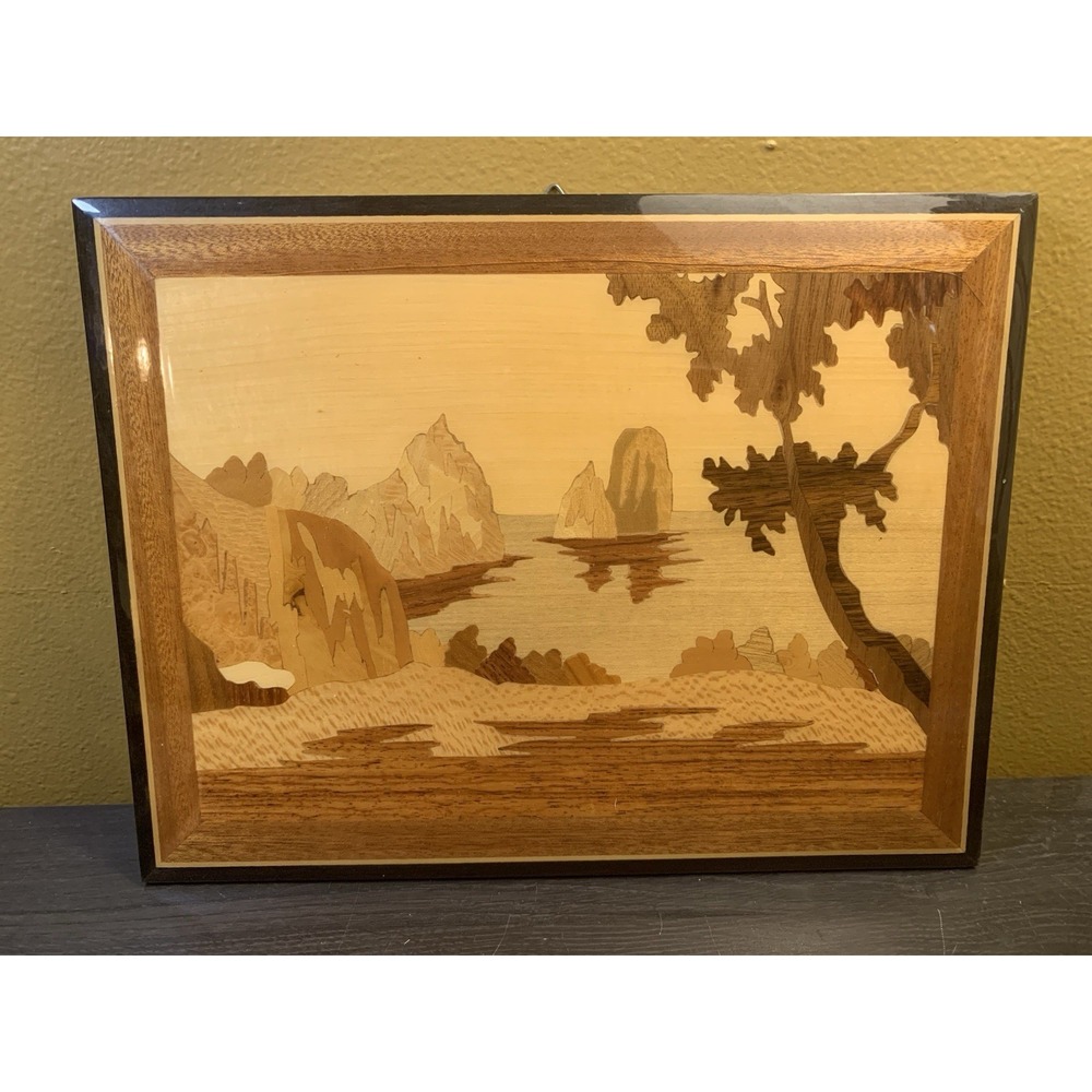 Vtg Italian Wood Marquetry Inlay Wall Plaque Panel Mediterranean Capri Landscape